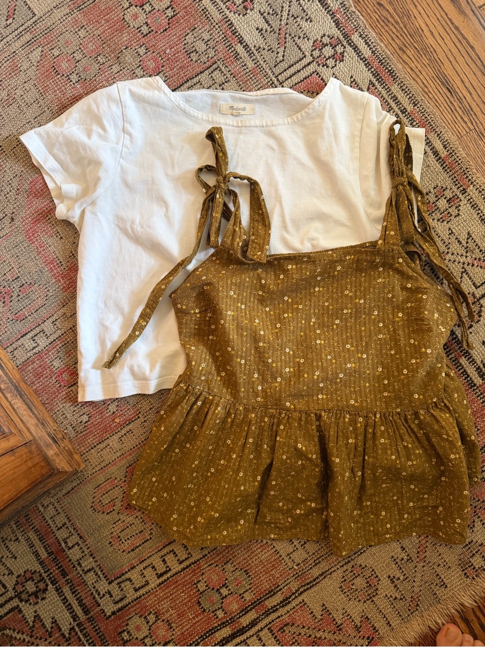 Madewell White Tee with Mustard Floral Tie-Shoulder Tank